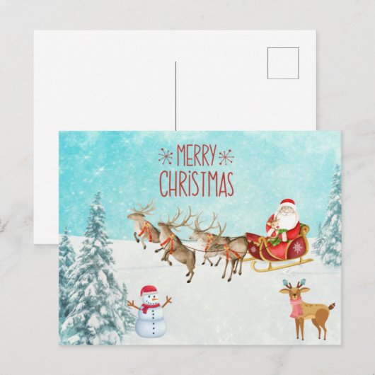 Vrolijk kerstkerstfeest, Snowman, Reindeer, Forest Briefkaart (Voorkant / Achterkant)