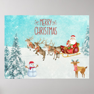 Vrolijk kerstkerstfeest, Snowman, Reindeer, Forest Poster