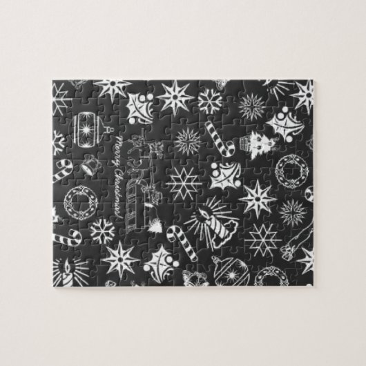 Vrolijk kerstkerstkerstkerstkerstsymbolen, zwart e legpuzzel (Horizontaal)
