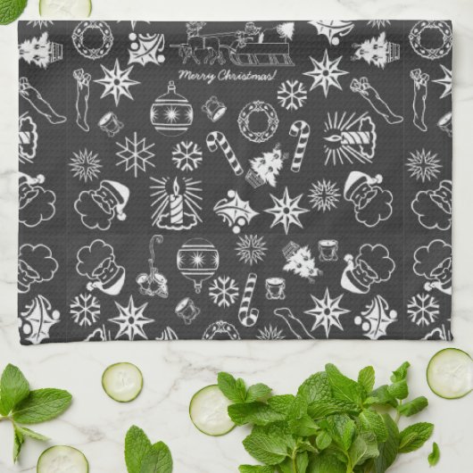 Vrolijk kerstkerstkerstkerstkerstsymbolen, zwart e theedoek (Gevouwen)