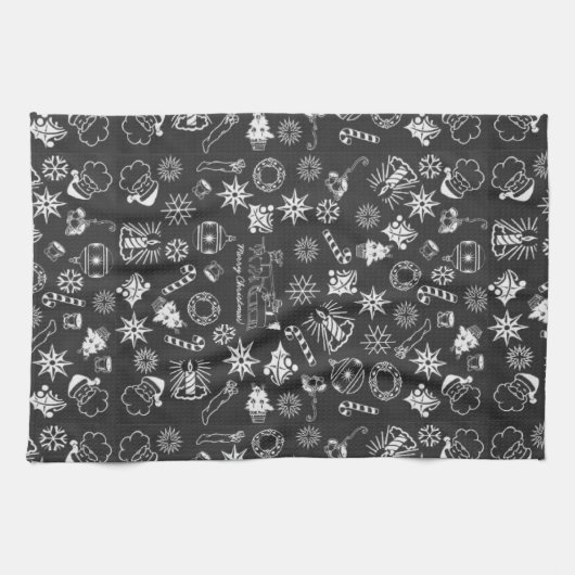 Vrolijk kerstkerstkerstkerstkerstsymbolen, zwart e theedoek (Horizontaal)