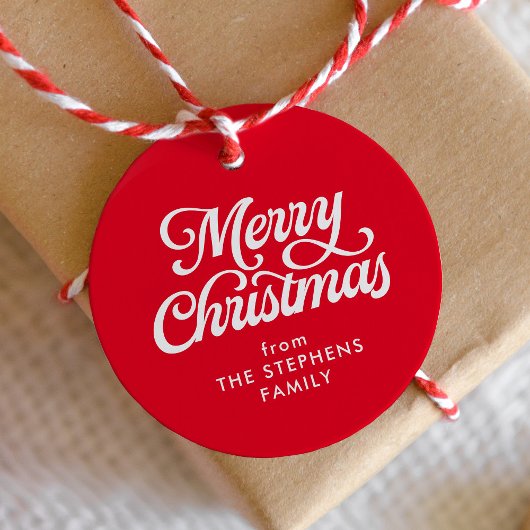 Vrolijk kerstklassiek rood kerstcadeau label
