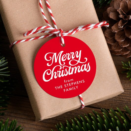 Vrolijk kerstklassiek rood kerstcadeau label