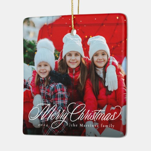 Vrolijk kerstklassiek script één fotovakantie keramisch ornament (Links)