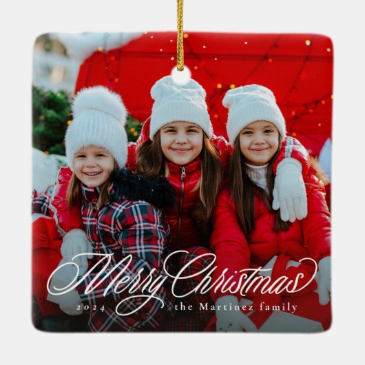 Vrolijk kerstklassiek script één fotovakantie keramisch ornament (Achterkant)