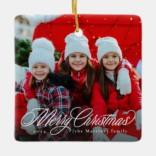 Vrolijk kerstklassiek script één fotovakantie keramisch ornament (Voorkant)