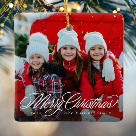 Vrolijk kerstklassiek script één fotovakantie keramisch ornament