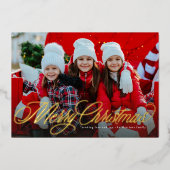 Vrolijk kerstklassiek script twee foto's folie feestdagenkaart (Voorkant)