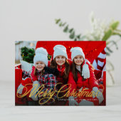 Vrolijk kerstklassiek script twee foto's folie feestdagenkaart (Staand Voorkant)