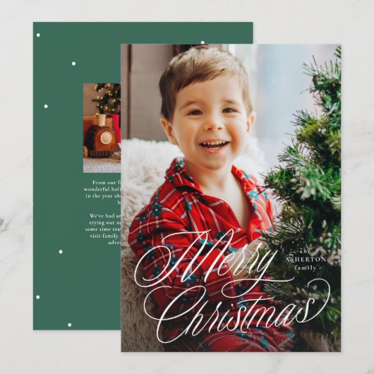 Vrolijk kerstklassiek script twee foto's groen feestdagenkaart (Voorkant / Achterkant)