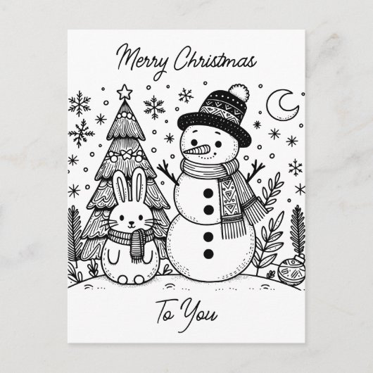 Vrolijk kerstkleur voor mij | Sneeuwman en Bunny Briefkaart (Voorkant)