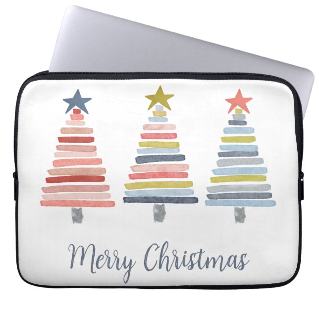 Vrolijk kerstkleurrijke gestapelde bomen laptop sleeve (Voorkant)