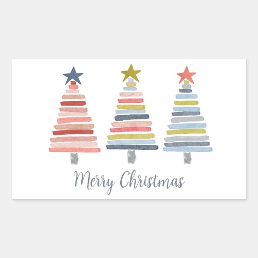 Vrolijk kerstkleurrijke gestapelde bomen rechthoekige sticker (Voorkant)