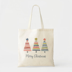 Vrolijk kerstkleurrijke gestapelde bomen tote bag