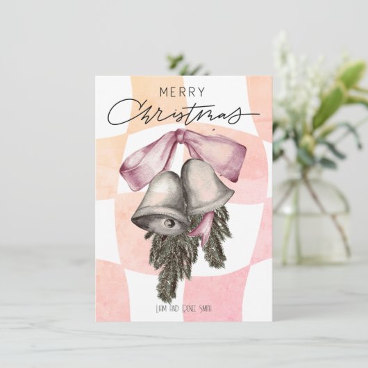  vrolijk kerstklokken strikken kerst feestdagenkaart (Staand voorkant)