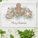 Vrolijk kerstkoekjes theedoek<br><div class="desc">Deze feestkeukenhanddoek is versierd met waterverf kerstkoekjes en bladeren en zegt vrolijk kerstfeest. Eenvoudig aan te passen. Omdat wij ons kunstwerk creëer,  zult u dit nauwkeurige afbeelding niet vinden van andere ontwerpers. Oorspronkelijke Waterverf © Michele Davies.</div>