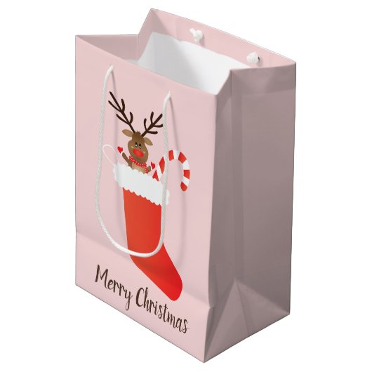 Vrolijk kerstkoortsrenrendier in stoprood medium cadeauzakje (Voorkant Gekanteld)