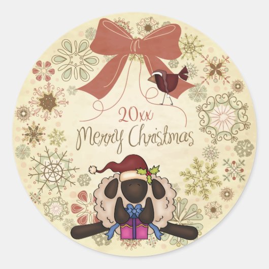 Vrolijk kerstkrans met Santa Sheep en Bird Ronde Sticker (Voorkant)
