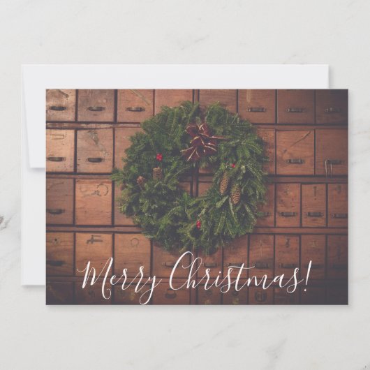 Vrolijk kerstkrans op houten dozen feestdagenkaart (Voorkant)