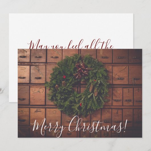 Vrolijk kerstkrans op houten dozen feestdagenkaart (Voorkant / Achterkant)