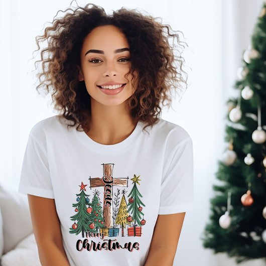 Vrolijk kerstkruis en bomen T-shirt