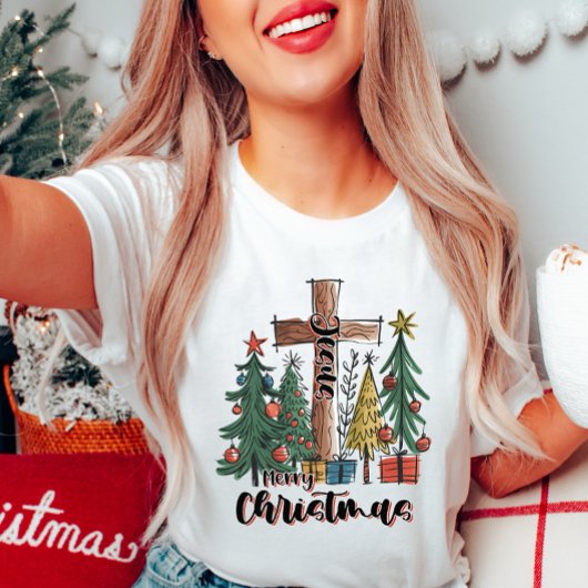 Vrolijk kerstkruis en bomen T-shirt