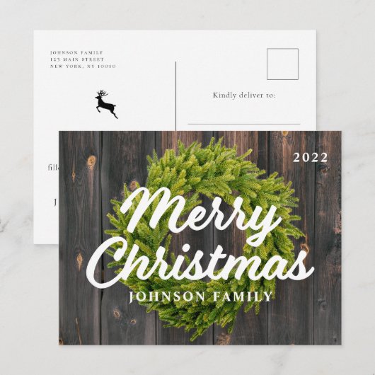 Vrolijk kerstland Rustic Pine Wreated Feestdagenkaart (Voorkant / Achterkant)