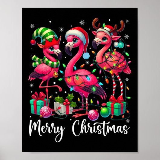 Vrolijk Kerstlicht Flamingo Santa Hat Snow Xma Poster (Voorkant)