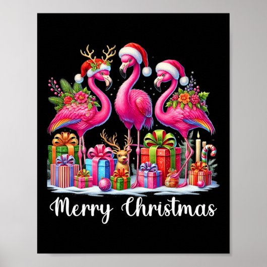 Vrolijk Kerstlicht Flamingo Santa Hat Snow Xma Poster (Voorkant)