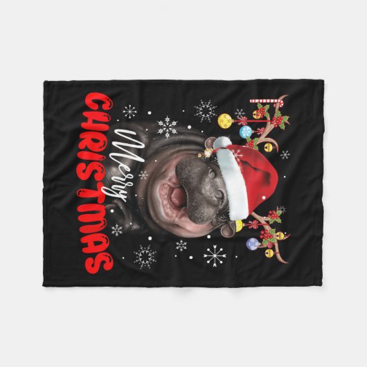 Vrolijk kerstlicht rendier Moo Deng Santa Hat Fleece Deken (Voorkant (Horizontaal))