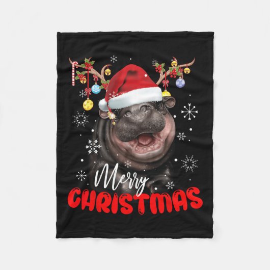 Vrolijk kerstlicht rendier Moo Deng Santa Hat Fleece Deken (Voorkant)