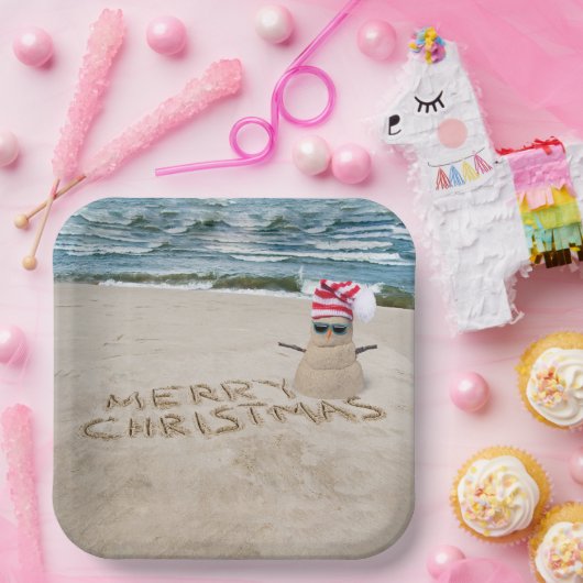 Vrolijk kerstman op strand papieren bordje (Feest)
