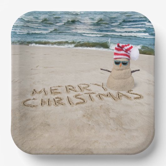 Vrolijk kerstman op strand papieren bordje (Voorkant)