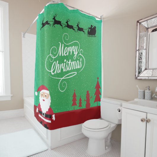 Vrolijk Kerstman Rendier Sneeuwvlokken Groen Douchegordijn (In situ)