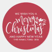 Vrolijk kerstmatig rood wit script ronde sticker (Voorkant)