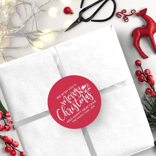 Vrolijk kerstmatig rood wit script ronde sticker