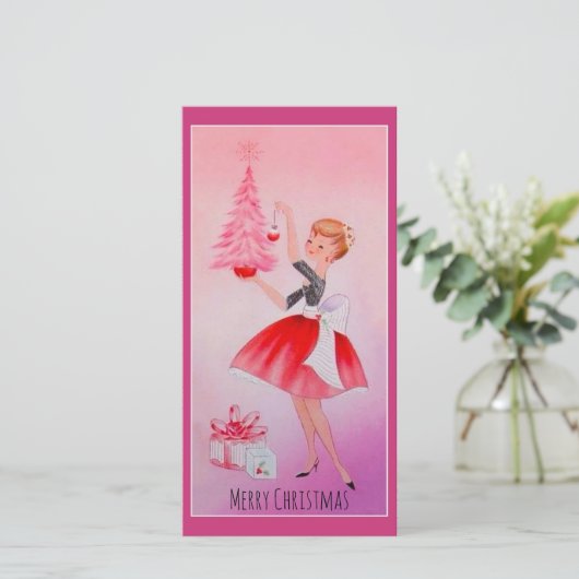  vrolijk kerstmeisje decoreren boom feestdagenkaart (Staand voorkant)