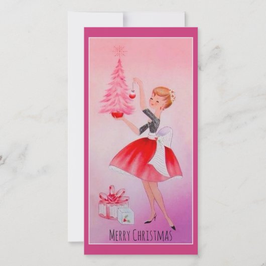  vrolijk kerstmeisje decoreren boom feestdagenkaart (Voorkant)