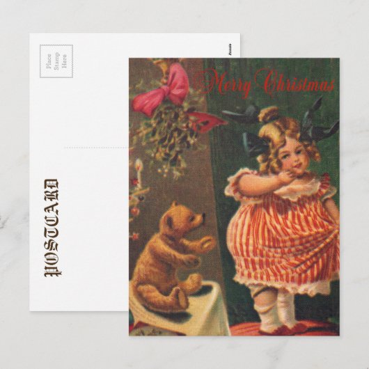  vrolijk kerstmeisje en Beer Feestdagenkaart (Voorkant / Achterkant)