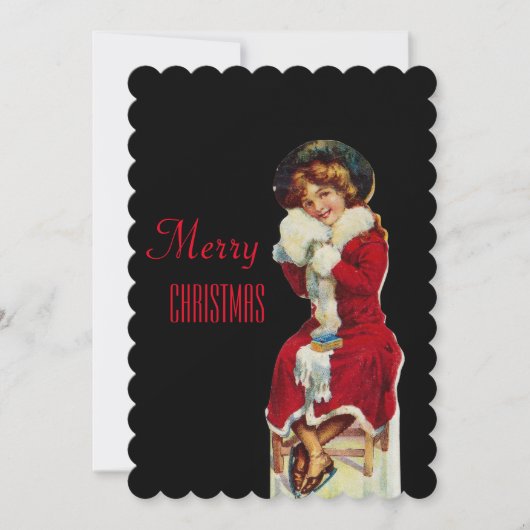 Vrolijk kerstmeisje  gekleed in een rode jas feestdagenkaart (Voorkant)