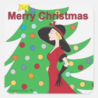 Vrolijk kerstmeisje in Red Dress Sticker