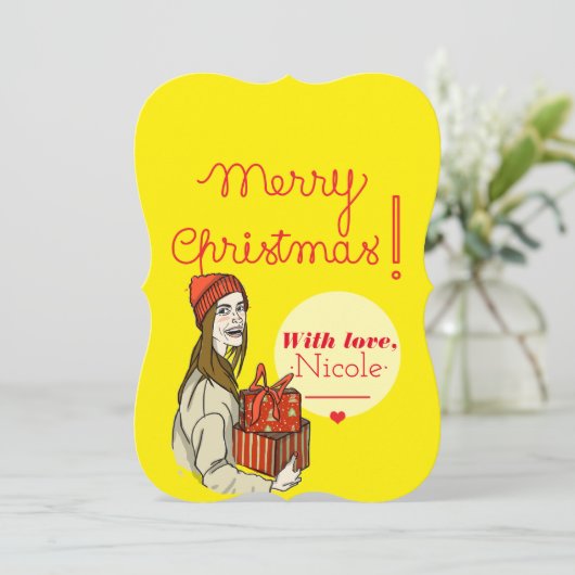 Vrolijk kerstmeisje met cadeaus gele feestdag feestdagenkaart (Staand voorkant)