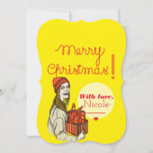 Vrolijk kerstmeisje met cadeaus gele feestdag feestdagenkaart (Voorkant)