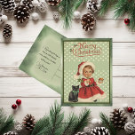 vrolijk kerstmeisje rode jurk zwarte kat feestdagenkaart<br><div class="desc">Vind je favoriete vintage kerst briefkaart uit mijn collectie van prachtige retro afbeeldingen uit het verleden. Gelegen op een subtiel gekleurde achtergrond aan de voor- en achterkant, met tekst op de achterkant die kan worden verwijderd of gepersonaliseerd. Het meisje in rode jurk, met een zwarte kat en bericht Vrolijk kerstfeest...</div>