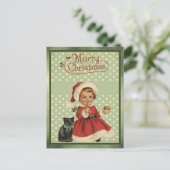  vrolijk kerstmeisje rode jurk zwarte kat feestdagenkaart (Staand voorkant)