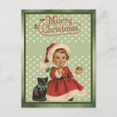  vrolijk kerstmeisje rode jurk zwarte kat feestdagenkaart (Voorkant)