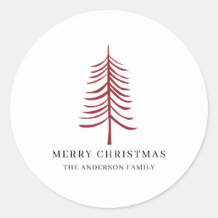 Vrolijk kerstminimalistisch rood moderne boom ronde sticker