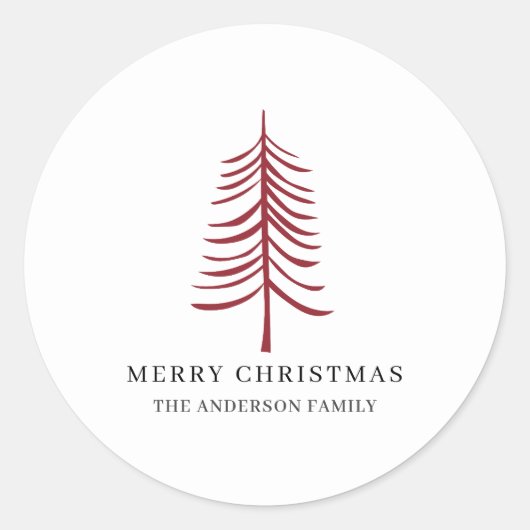 Vrolijk kerstminimalistisch rood moderne boom ronde sticker (Voorkant)
