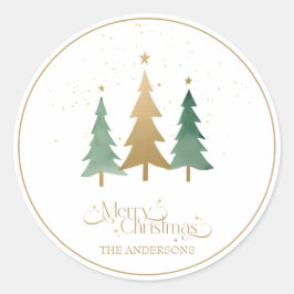 Vrolijk kerstminimalistische dennenbomen wit ronde sticker