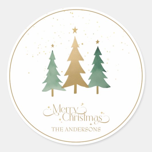 Vrolijk kerstminimalistische dennenbomen wit ronde sticker (Voorkant)